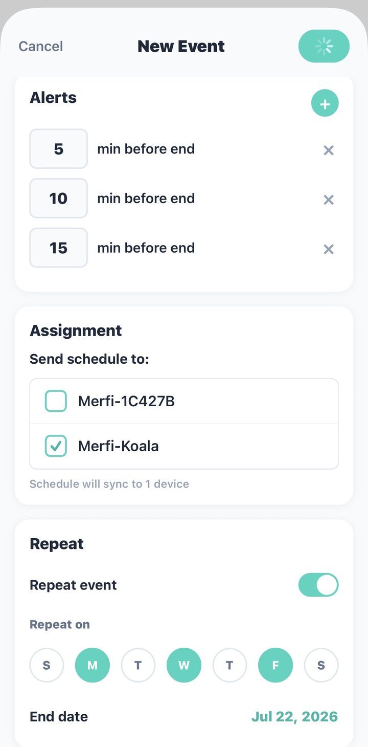 The Merfi app showing alerts set for 5, 10 and 15 minutes before the end, a device picker, and weekday repeat options