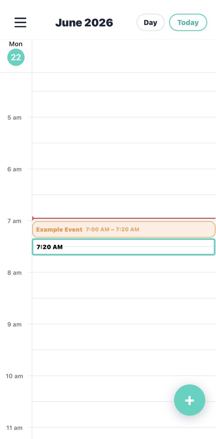 The Merfi app calendar showing a day view with an activity scheduled at 7:00 AM and a line marking the current time