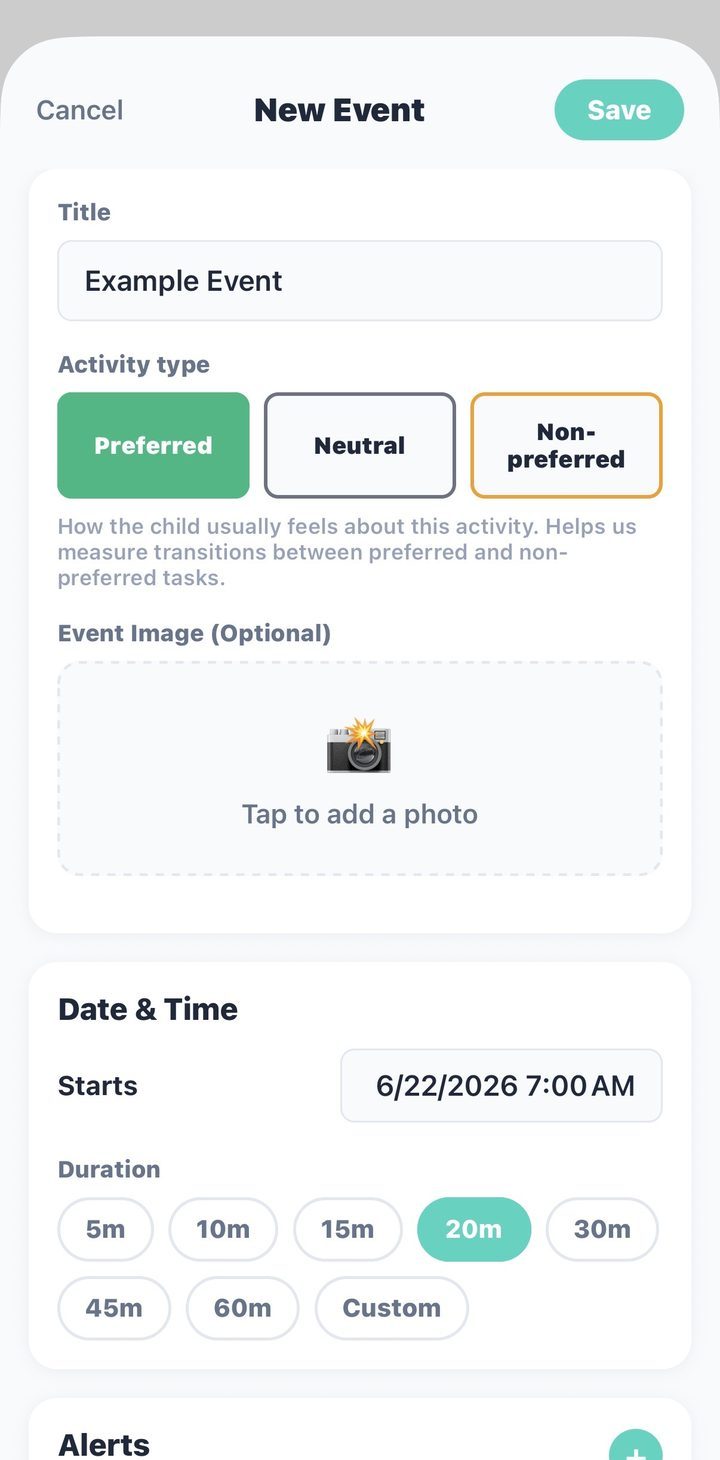 The Merfi app New Event screen with fields for title, activity type, an optional photo, start time, and duration presets