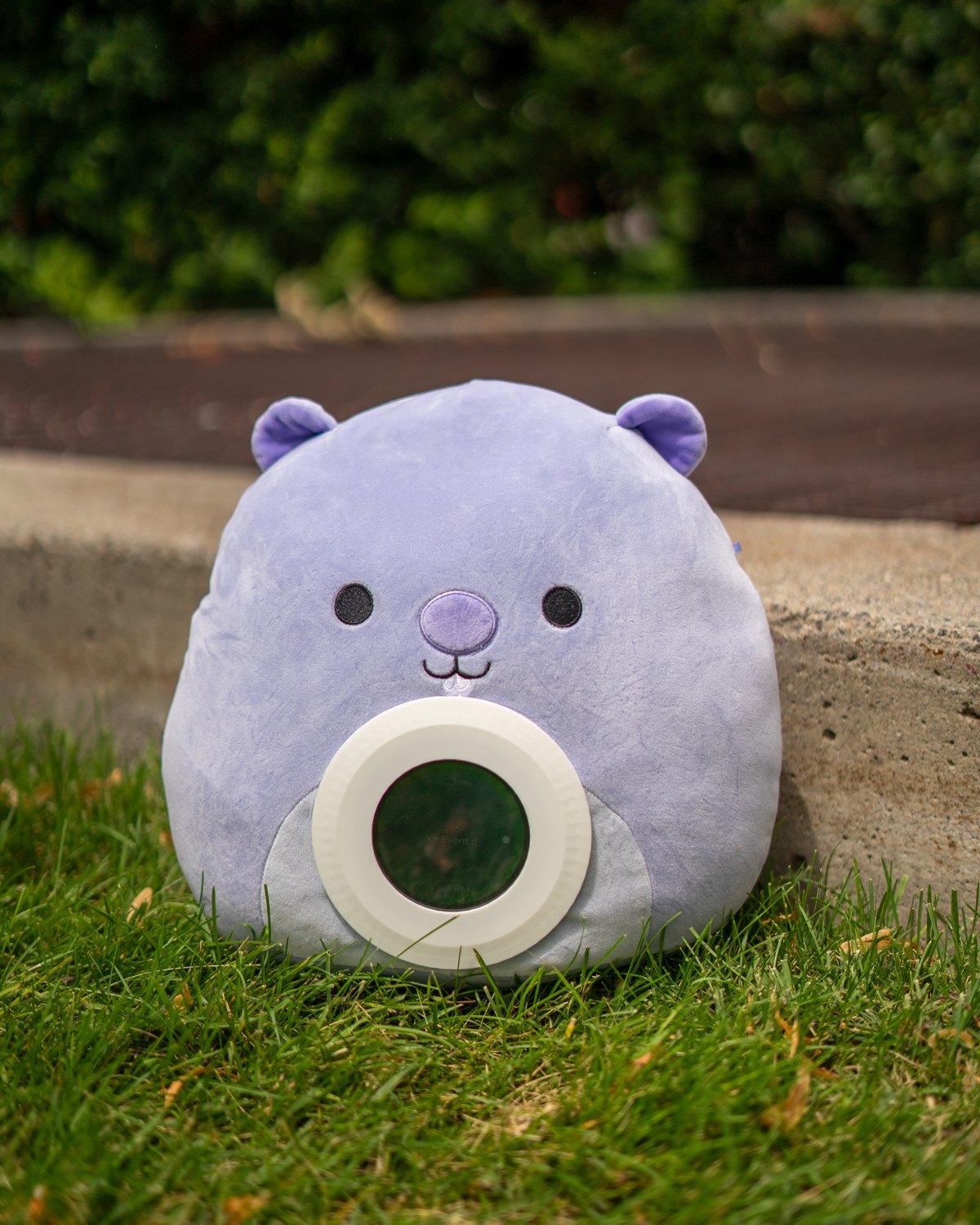 A soft purple Merfi bear on the grass with its rounded screen in front